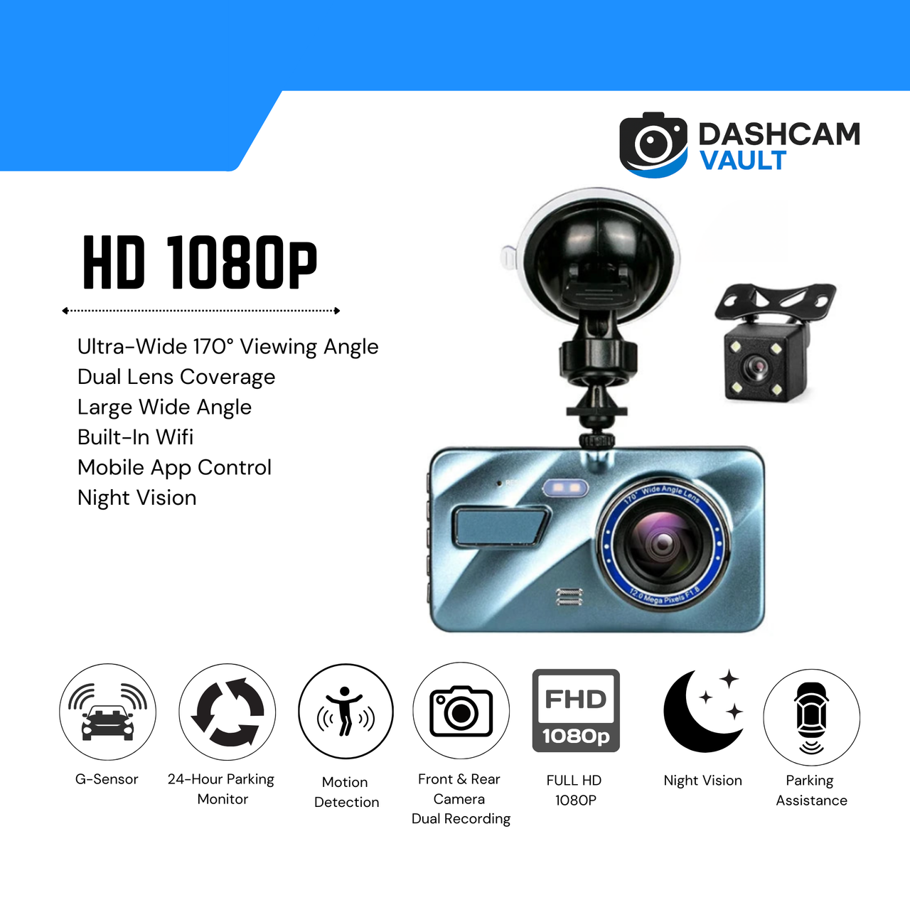 VaultCam™ StealthView S2 – PROFESSIONAL GRADE - 1080P Dual-Lens Hidden Dash Cam (Front + Rear)