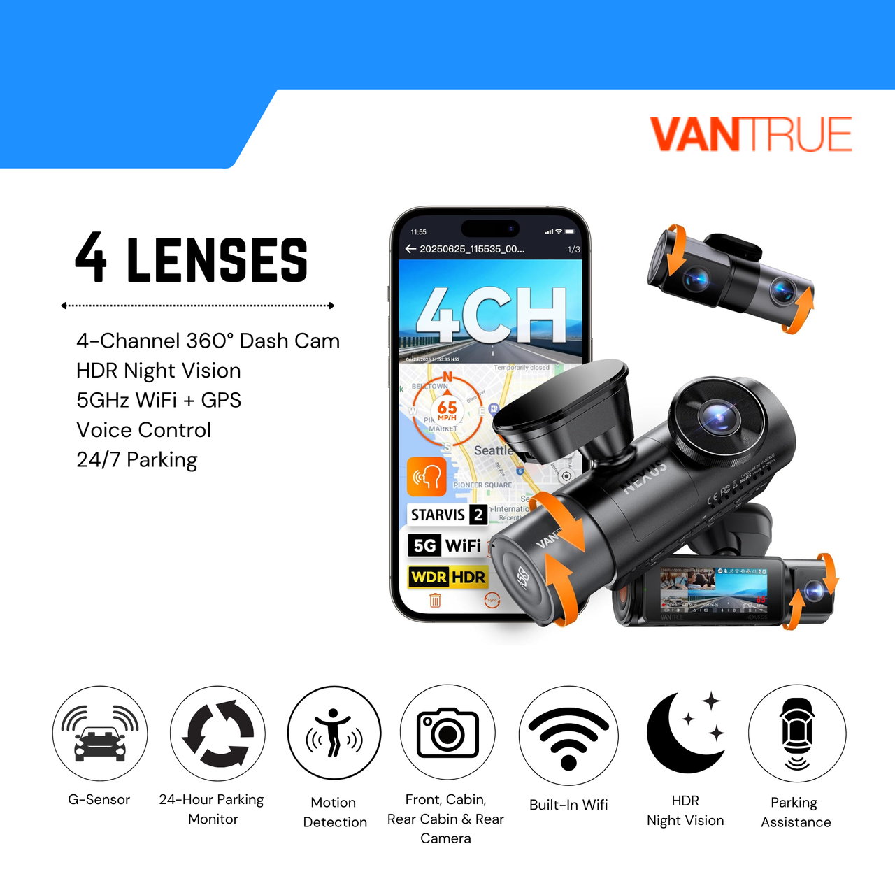 Vantrue N5S 4 Channel 360 Degree WiFi Dash Cam, (Front + Rear + Cabin) 24/7 Parking