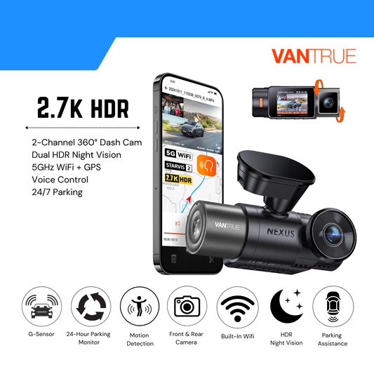 Vantrue™ N2X – PROFESSIONAL GRADE 2.7K 2-Channel Dash Cam (Front + Cabin) with STARVIS 2, HDR Night Vision, 5G WiFi + GPS, Voice Control, 24/7 Parking, 512GB Max