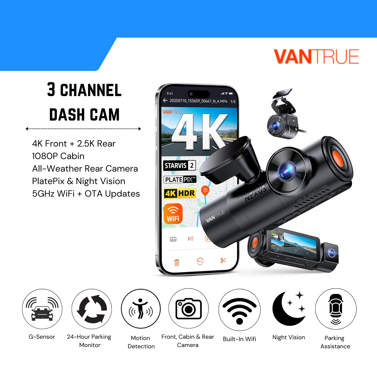 Vantrue™ N4 Pro S – PROFESSIONAL GRADE 4K 3-Channel Dash Cam (Front + Cabin + Rear) with Triple STARVIS 2, HDR Night Vision, WiFi + GPS, Voice Control, 24/7 Parking
