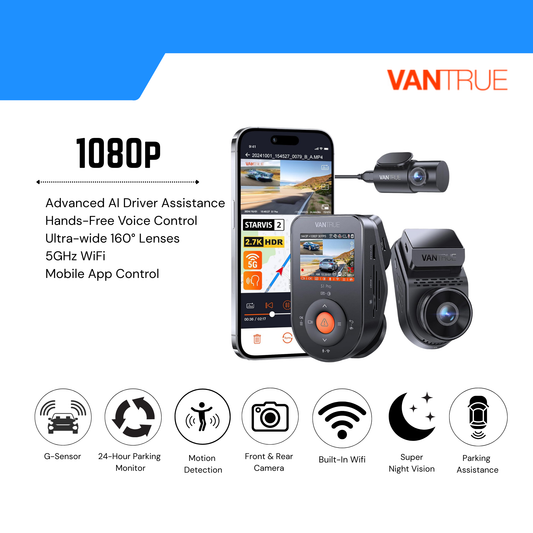 Vantrue S1 Pro AI Dash Cam (Front +Rear), Dual 1440P Dash Camera w/2.7K, STARVIS 2, HDR Night Vision, 5G WiFi, 60FPS, GPS, Voice Control,24/7 Parking Mode, Support 512GB Max