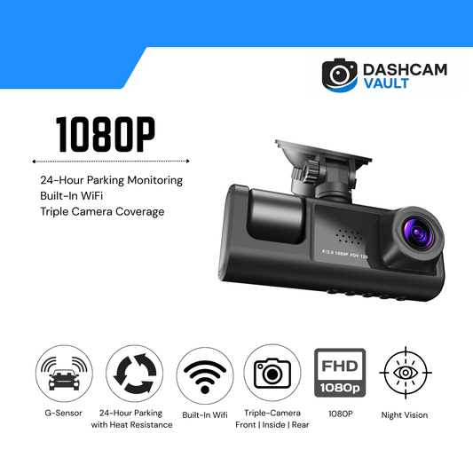 VaultCam™ TriView Pro – PROFESSIONAL GRADE -1080P WiFi 3-Camera (Front + Cabin + Rear)