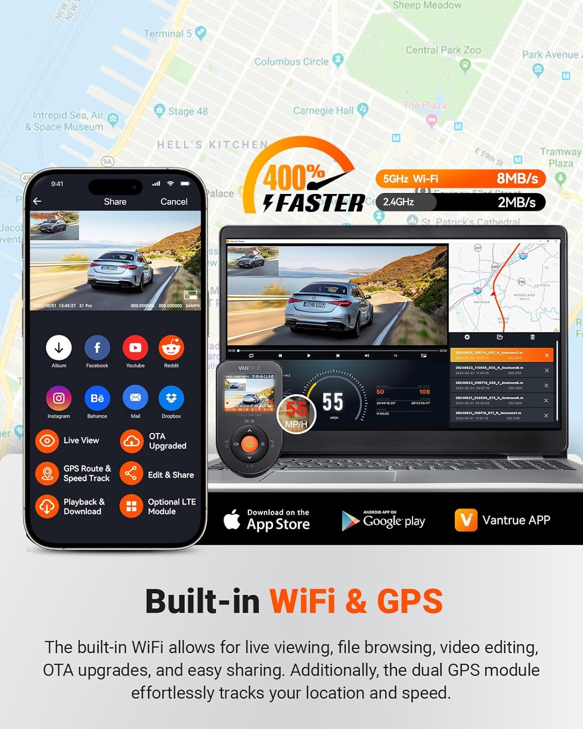 Vantrue S1 Pro AI Dash Cam (Front +Rear), Dual 1440P Dash Camera w/2.7K, STARVIS 2, HDR Night Vision, 5G WiFi, 60FPS, GPS, Voice Control,24/7 Parking Mode, Support 512GB Max