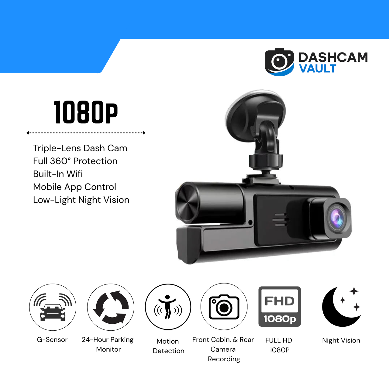VaultCam™ FS3 – PROFESSIONAL GRADE 3-Lens Dash Cam (Front + Cabin + Rear)
