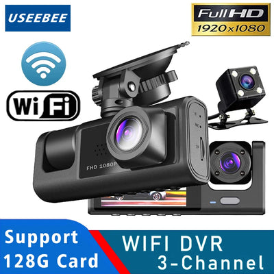 WiFi Triple Dash Cam – 1080P Car DVR with Interior View