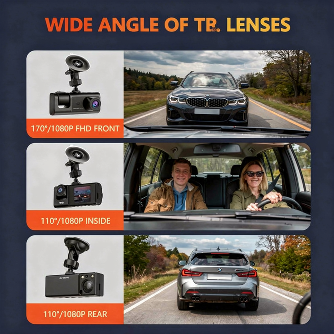 VaultCam™ TriView Pro – PROFESSIONAL GRADE -1080P WiFi 3-Camera (Front + Cabin + Rear)